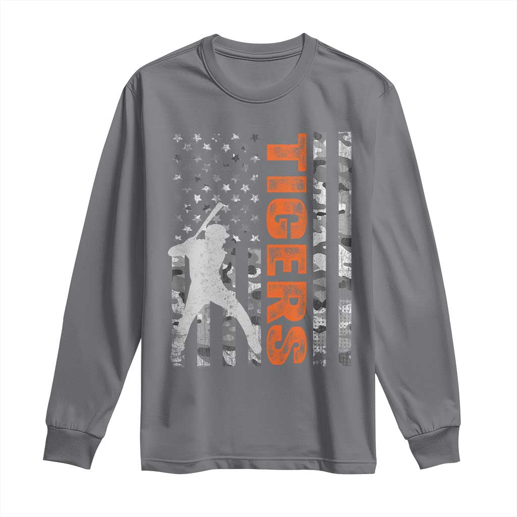 Baseball Player Tiger Long Sleeve Shirt Team Spirit American Flag USA Camo Patriotic Graphic TS10 Charcoal Print Your Wear