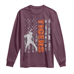 Baseball Player Tiger Long Sleeve Shirt Team Spirit American Flag USA Camo Patriotic Graphic TS10 Maroon Print Your Wear