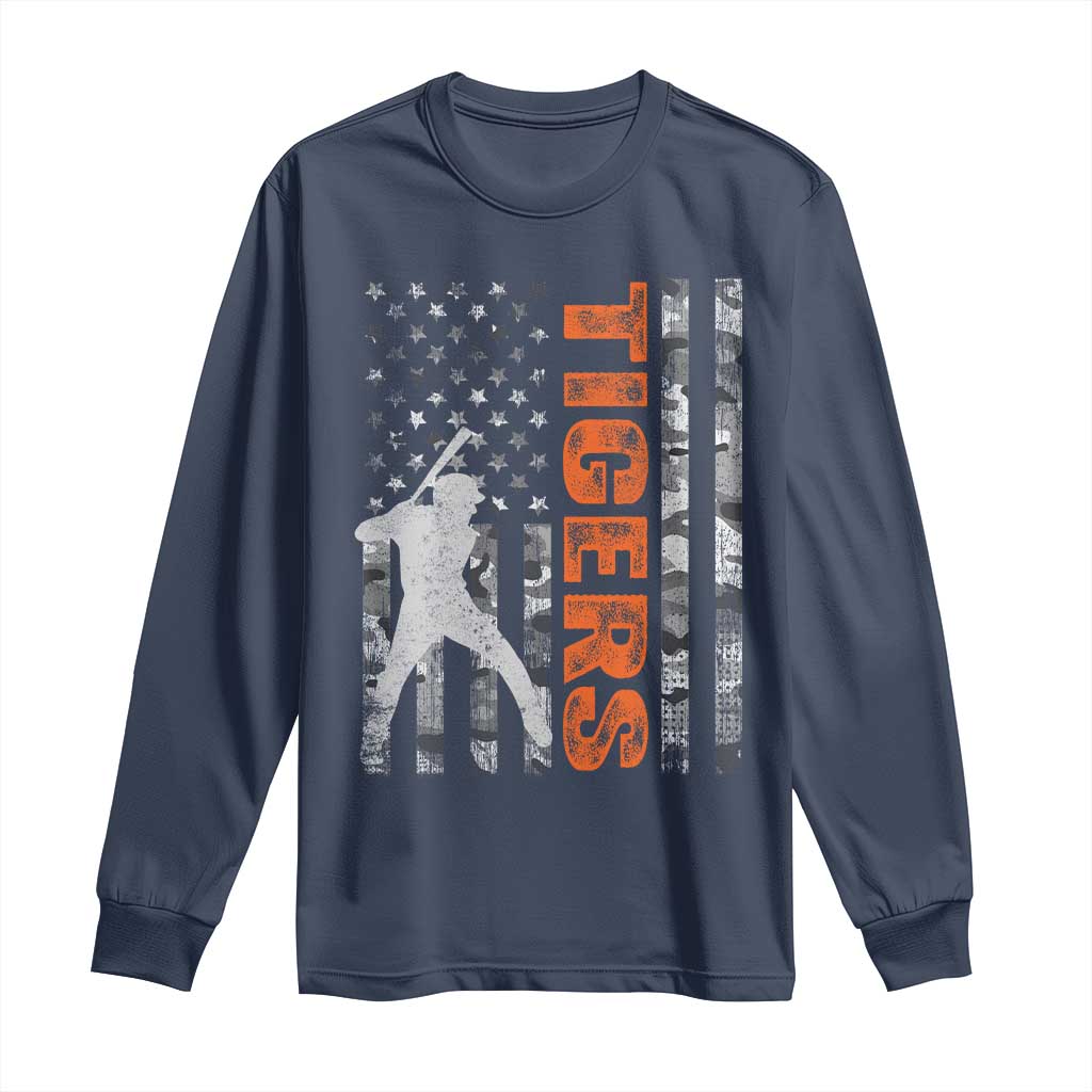 Baseball Player Tiger Long Sleeve Shirt Team Spirit American Flag USA Camo Patriotic Graphic TS10 Navy Print Your Wear