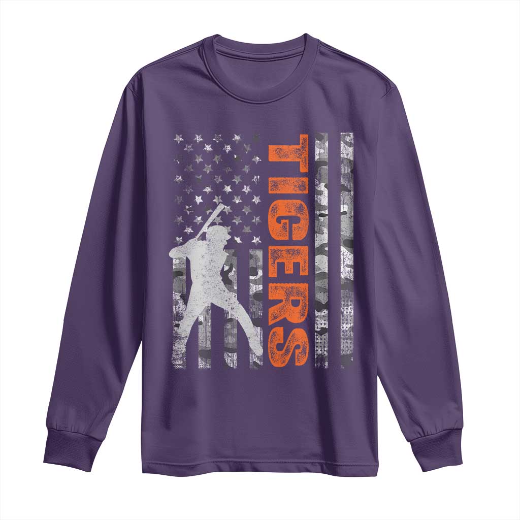 Baseball Player Tiger Long Sleeve Shirt Team Spirit American Flag USA Camo Patriotic Graphic TS10 Purple Print Your Wear