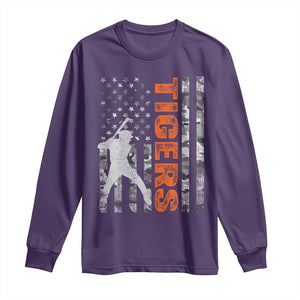Baseball Player Tiger Long Sleeve Shirt Team Spirit American Flag USA Camo Patriotic Graphic TS10 Purple Print Your Wear