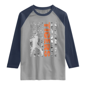 Baseball Player Tiger Raglan Shirt Team Spirit American Flag USA Camo Patriotic Graphic TS10 Sport Gray Navy Print Your Wear