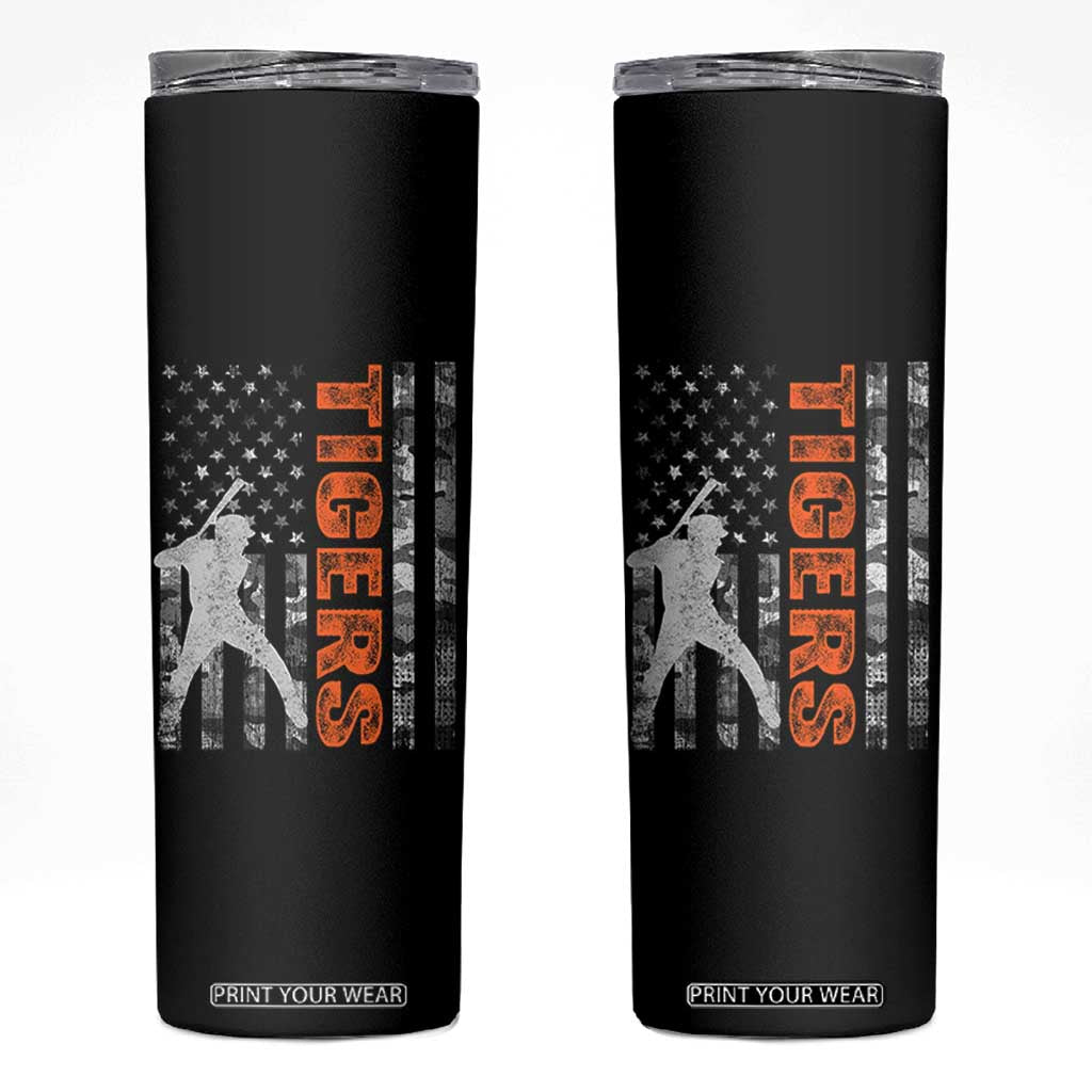 Baseball Player Tiger Skinny Tumbler Team Spirit American Flag USA Camo Patriotic Graphic TS10 Black Print Your Wear
