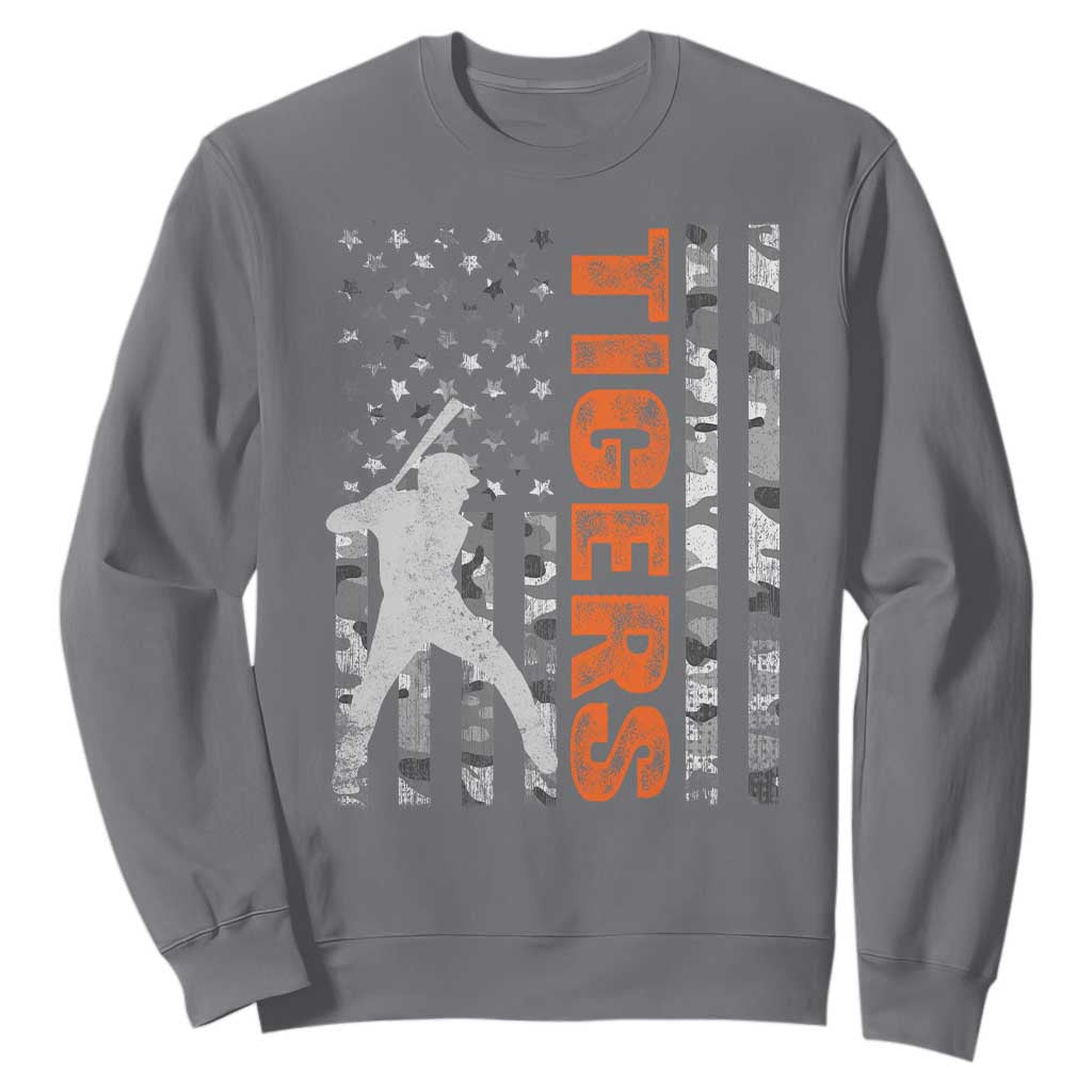 Baseball Player Tiger Sweatshirt Team Spirit American Flag USA Camo Patriotic Graphic TS10 Charcoal Print Your Wear