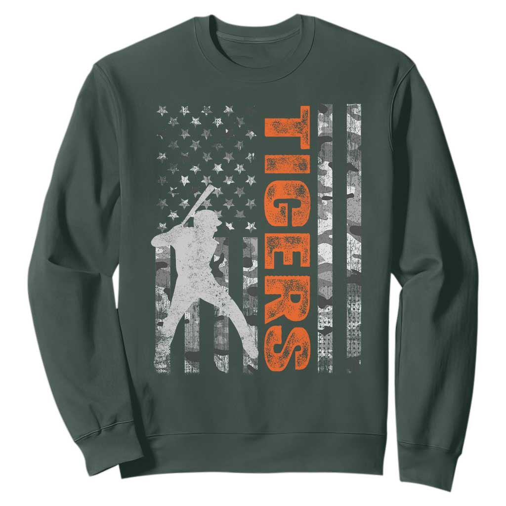 Baseball Player Tiger Sweatshirt Team Spirit American Flag USA Camo Patriotic Graphic TS10 Dark Forest Green Print Your Wear