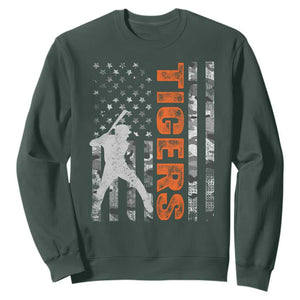 Baseball Player Tiger Sweatshirt Team Spirit American Flag USA Camo Patriotic Graphic TS10 Dark Forest Green Print Your Wear