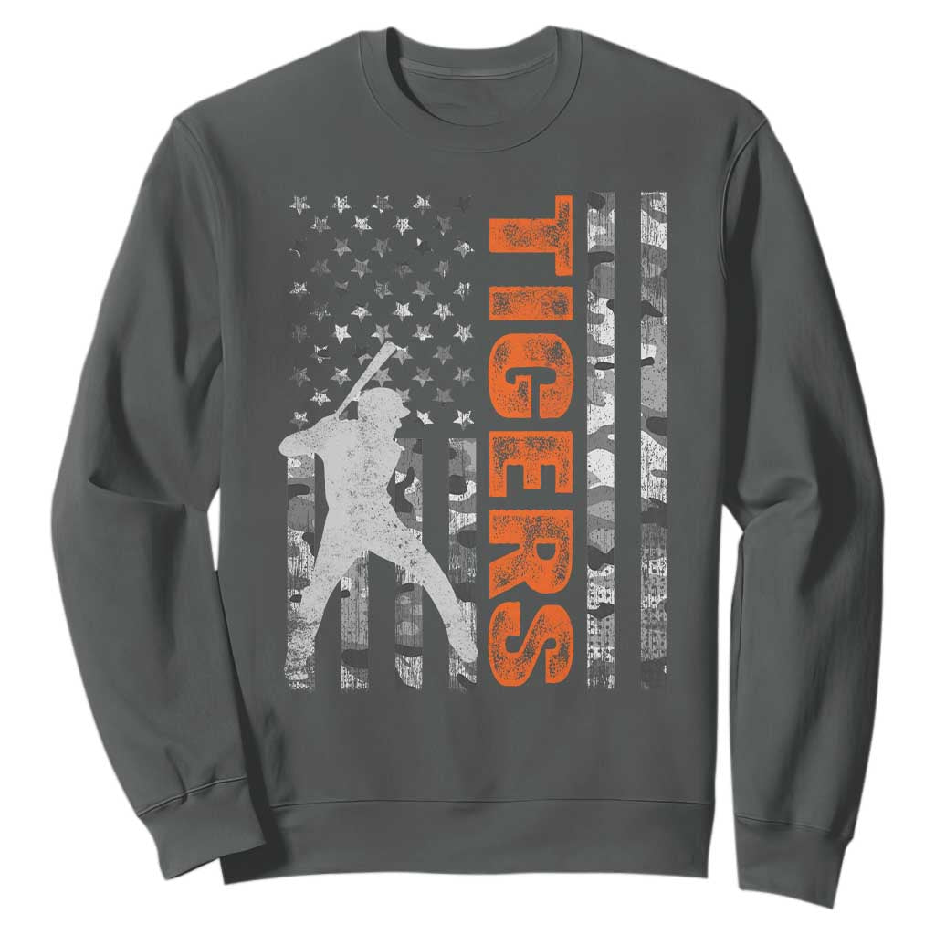 Baseball Player Tiger Sweatshirt Team Spirit American Flag USA Camo Patriotic Graphic TS10 Dark Heather Print Your Wear
