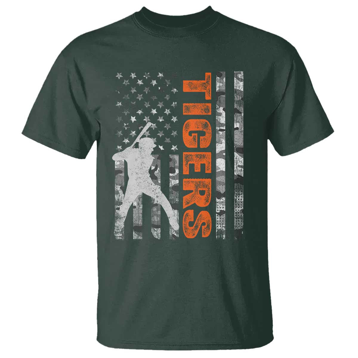 Baseball Player Tiger T Shirt Team Spirit American Flag USA Camo Patriotic Graphic TS10 Dark Forest Green Print Your Wear