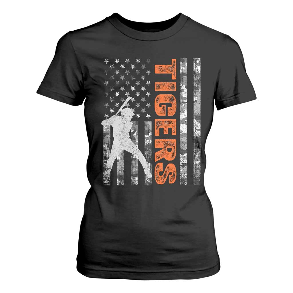 Baseball Player Tiger T Shirt For Women Team Spirit American Flag USA Camo Patriotic Graphic TS10 Black Print Your Wear