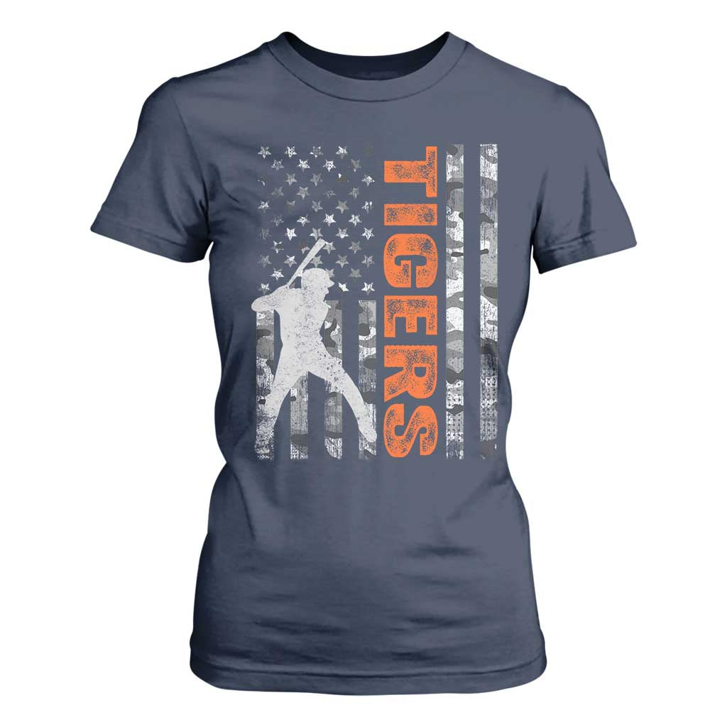Baseball Player Tiger T Shirt For Women Team Spirit American Flag USA Camo Patriotic Graphic TS10 Navy Print Your Wear