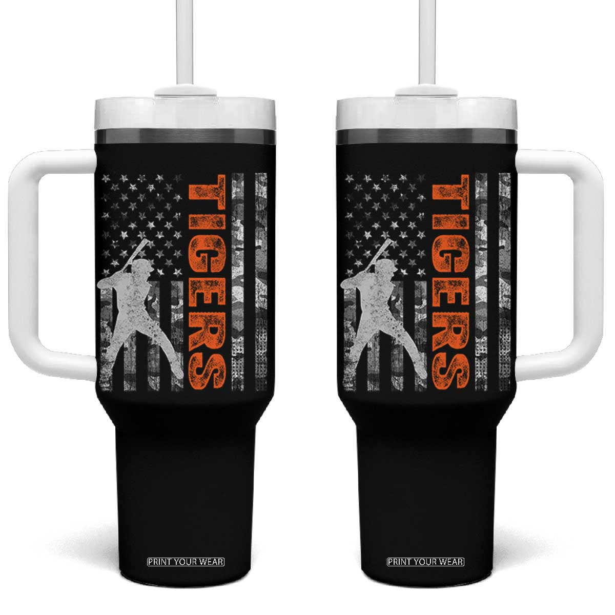Baseball Player Tiger Tumbler With Handle Team Spirit American Flag USA Camo Patriotic Graphic TS10 One Size: 40 oz Black Print Your Wear