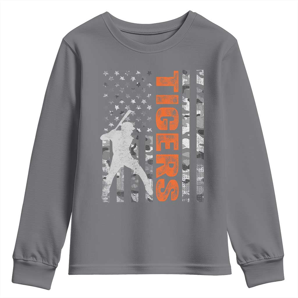 Baseball Player Tiger Youth Sweatshirt Team Spirit American Flag USA Camo Patriotic Graphic TS10 Charcoal Print Your Wear