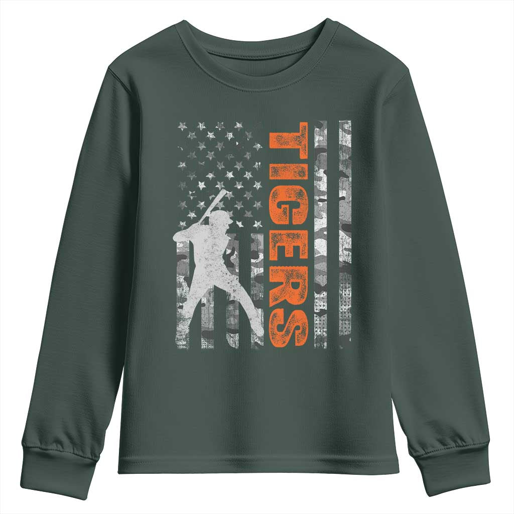 Baseball Player Tiger Youth Sweatshirt Team Spirit American Flag USA Camo Patriotic Graphic TS10 Dark Forest Green Print Your Wear