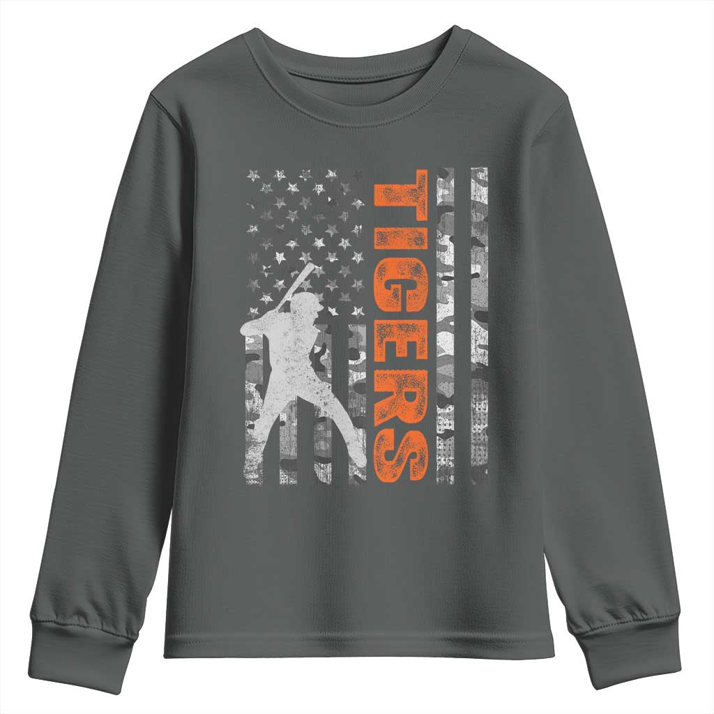 Baseball Player Tiger Youth Sweatshirt Team Spirit American Flag USA Camo Patriotic Graphic TS10 Dark Heather Print Your Wear