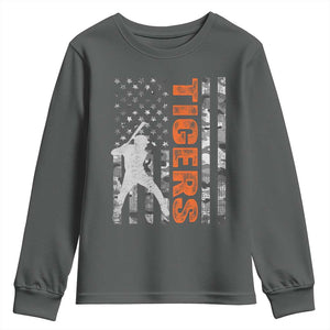 Baseball Player Tiger Youth Sweatshirt Team Spirit American Flag USA Camo Patriotic Graphic TS10 Dark Heather Print Your Wear
