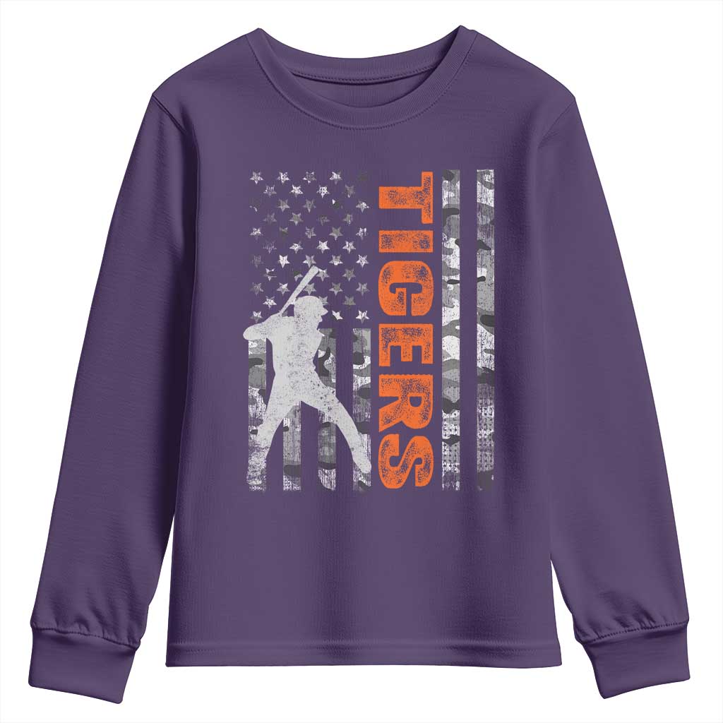 Baseball Player Tiger Youth Sweatshirt Team Spirit American Flag USA Camo Patriotic Graphic TS10 Purple Print Your Wear