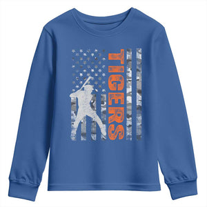 Baseball Player Tiger Youth Sweatshirt Team Spirit American Flag USA Camo Patriotic Graphic TS10 Royal Blue Print Your Wear