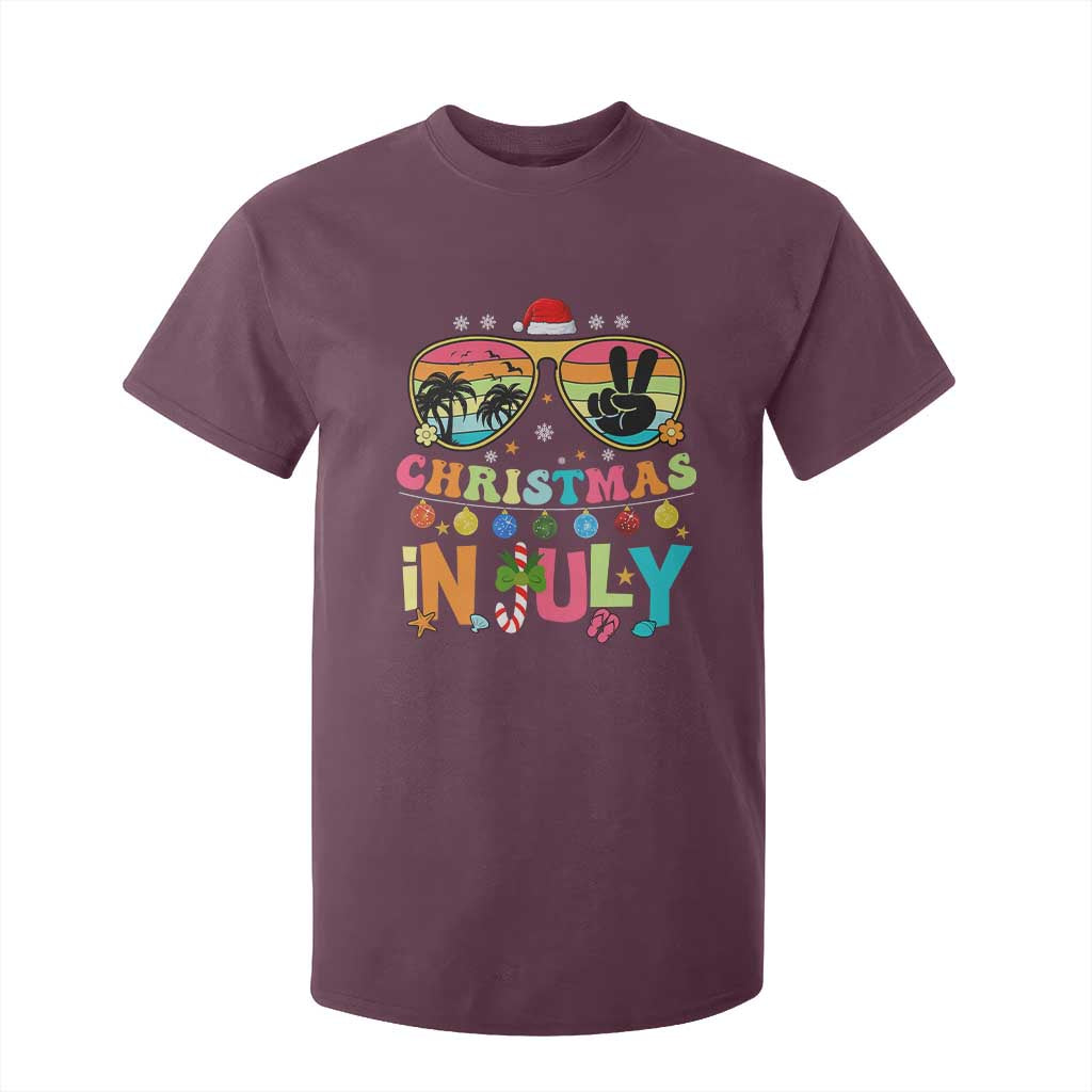 Sunglasses Beach Christmas in July T Shirt For Kid Santa Summer Xmas TS10 Maroon Print Your Wear