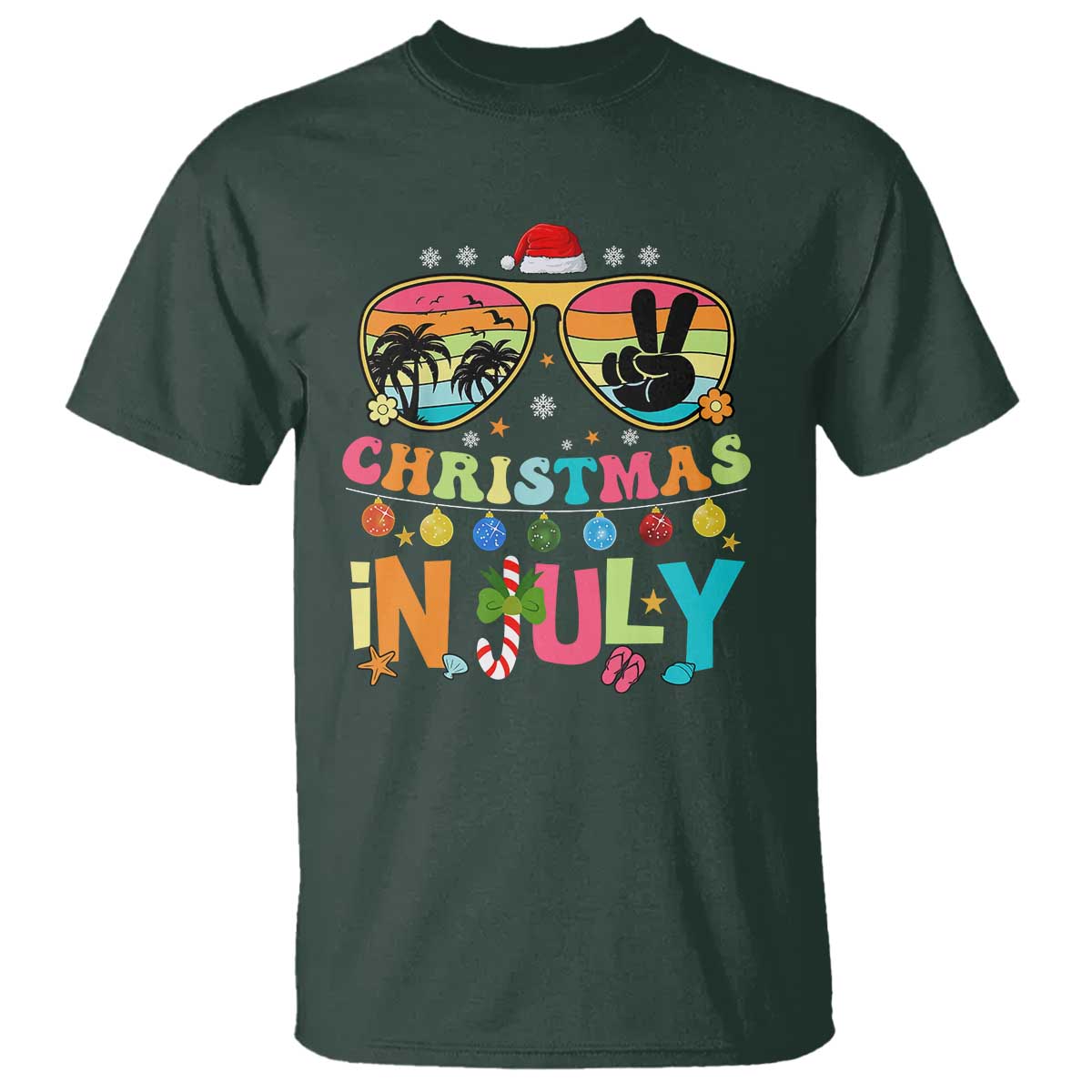 Sunglasses Beach Christmas in July T Shirt Santa Summer Xmas TS10 Dark Forest Green Print Your Wear