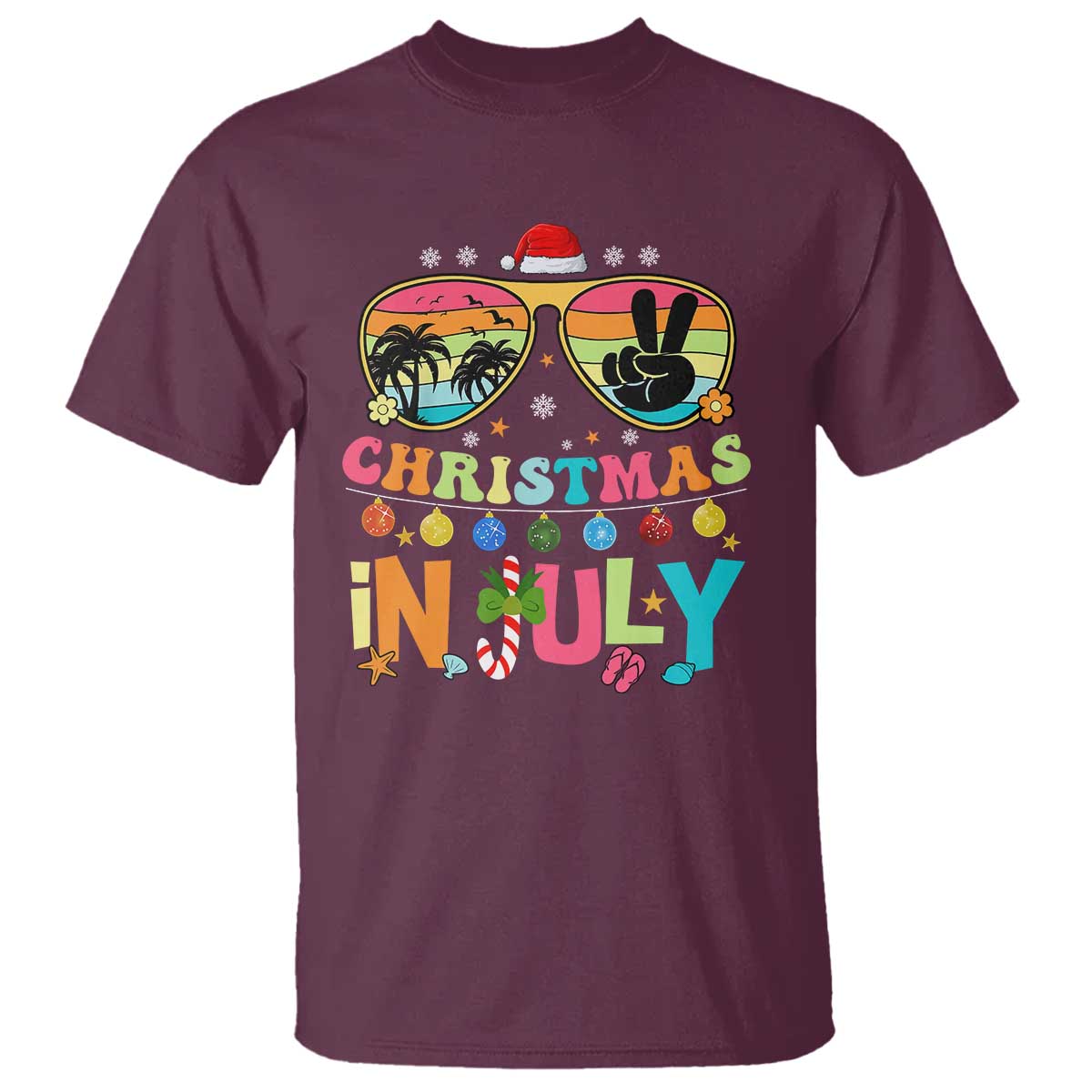 Sunglasses Beach Christmas in July T Shirt Santa Summer Xmas TS10 Maroon Print Your Wear