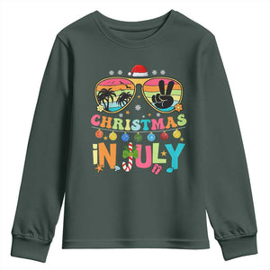 Sunglasses Beach Christmas in July Youth Sweatshirt Santa Summer Xmas TS10 Dark Forest Green Print Your Wear