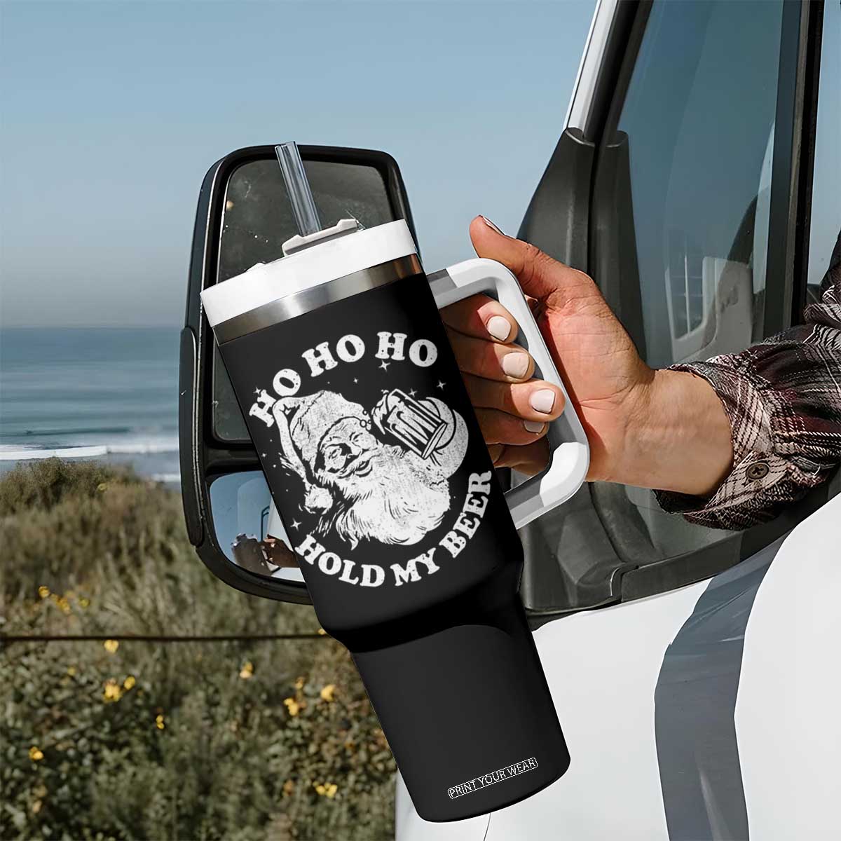 Santa Ho Ho Hold My Beer Tumbler With Handle Funny Christmas In July Summer Xmas TS10 Print Your Wear
