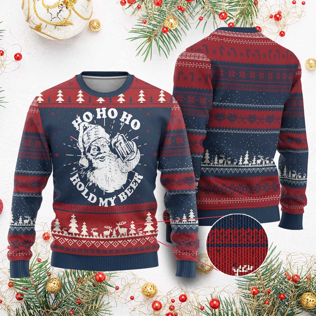 Santa Ho Ho Hold My Beer Knit Sweatshirt Funny Christmas In July Summer Xmas TS10 Burgundy Print Your Wear