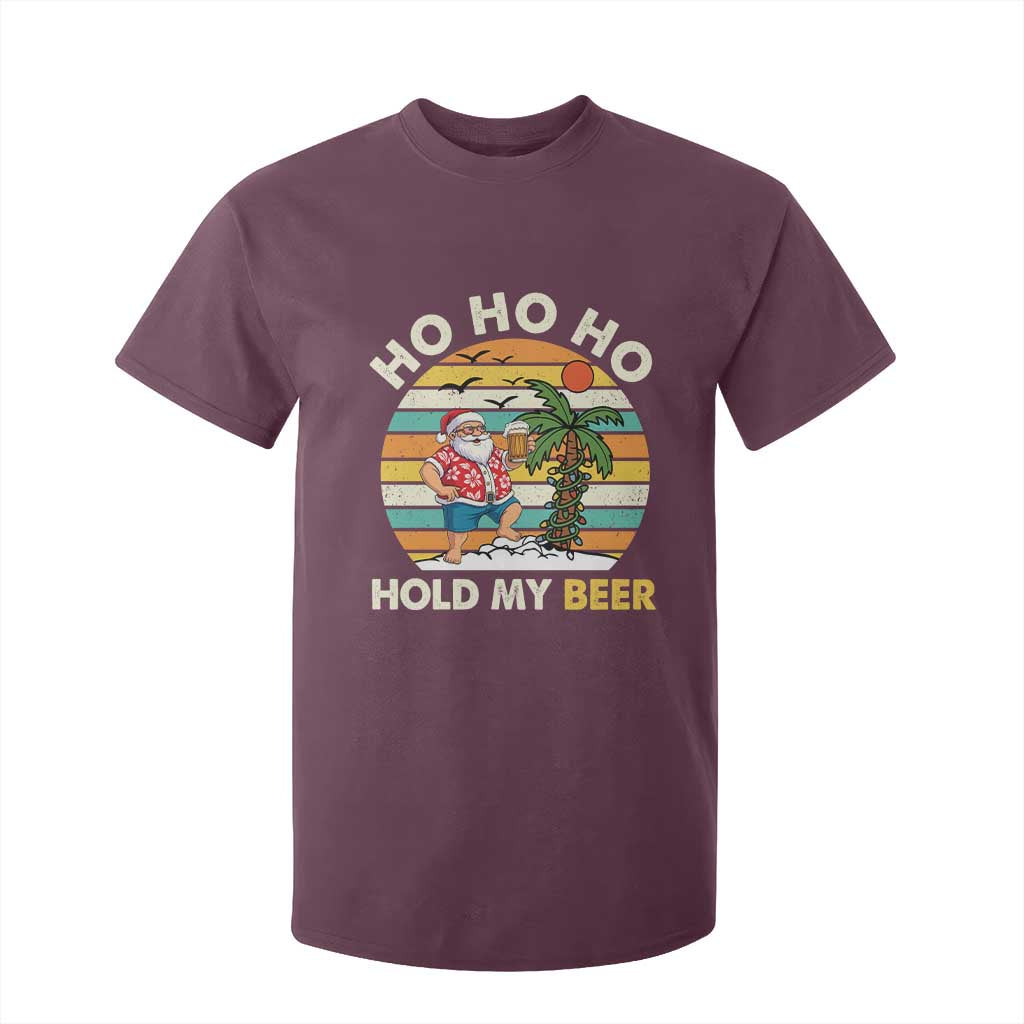Christmas In July Santa Ho Ho Hold My Beer T Shirt For Kid Summer Beach Hawaii Santa USA Flag TS10 Maroon Print Your Wear