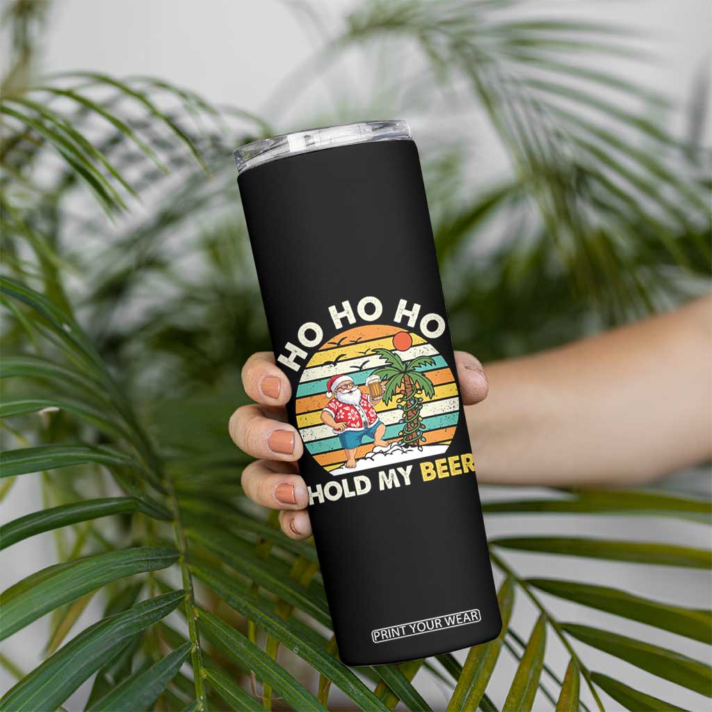 Christmas In July Santa Ho Ho Hold My Beer Skinny Tumbler Summer Beach Hawaii Santa USA Flag TS10 Print Your Wear