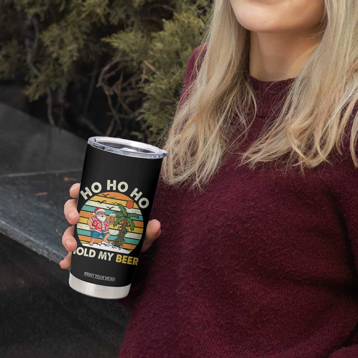 Christmas In July Santa Ho Ho Hold My Beer Tumbler Cup Summer Beach Hawaii Santa USA Flag TS10 Print Your Wear