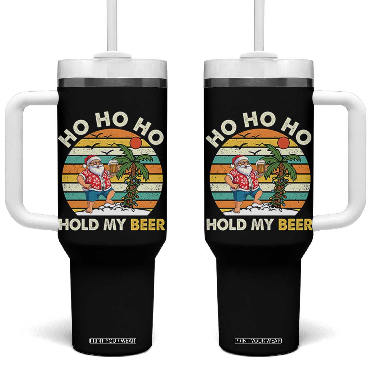 Christmas In July Santa Ho Ho Hold My Beer Tumbler With Handle Summer Beach Hawaii Santa USA Flag TS10 One Size: 40 oz Black Print Your Wear