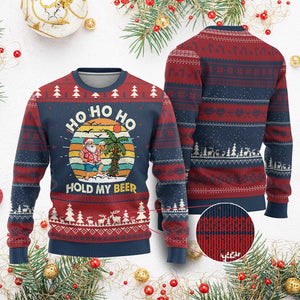 Christmas In July Santa Ho Ho Hold My Beer Knit Sweatshirt Summer Beach Hawaii Santa USA Flag TS10 Burgundy Print Your Wear