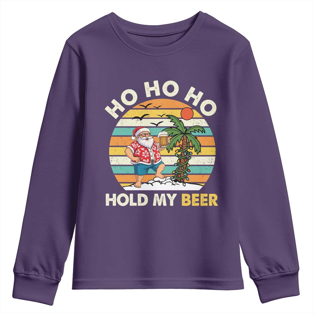 Christmas In July Santa Ho Ho Hold My Beer Youth Sweatshirt Summer Beach Hawaii Santa USA Flag TS10 Purple Print Your Wear