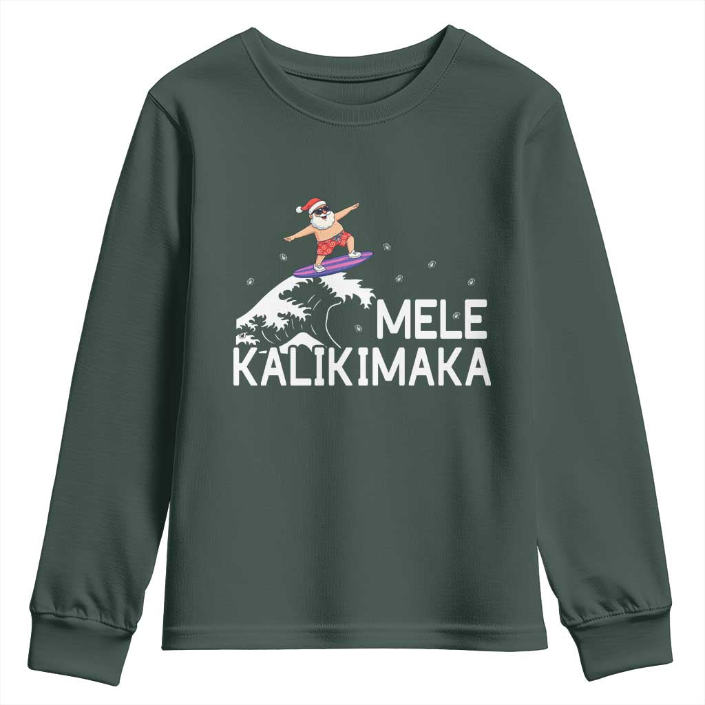 Christmas In July Surfing Santa Youth Sweatshirt Mele Kalikimaka Summer Beach Hawaii TS10 Dark Forest Green Print Your Wear