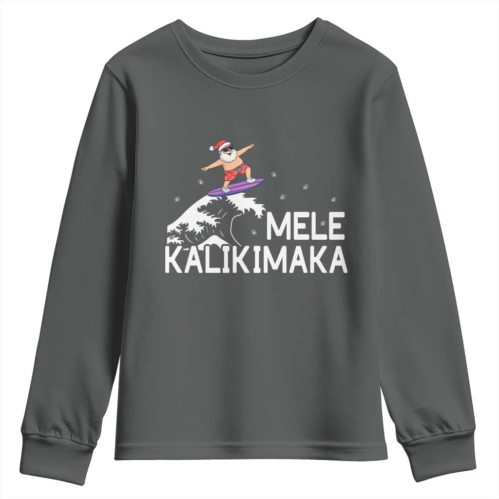 Christmas In July Surfing Santa Youth Sweatshirt Mele Kalikimaka Summer Beach Hawaii TS10 Dark Heather Print Your Wear