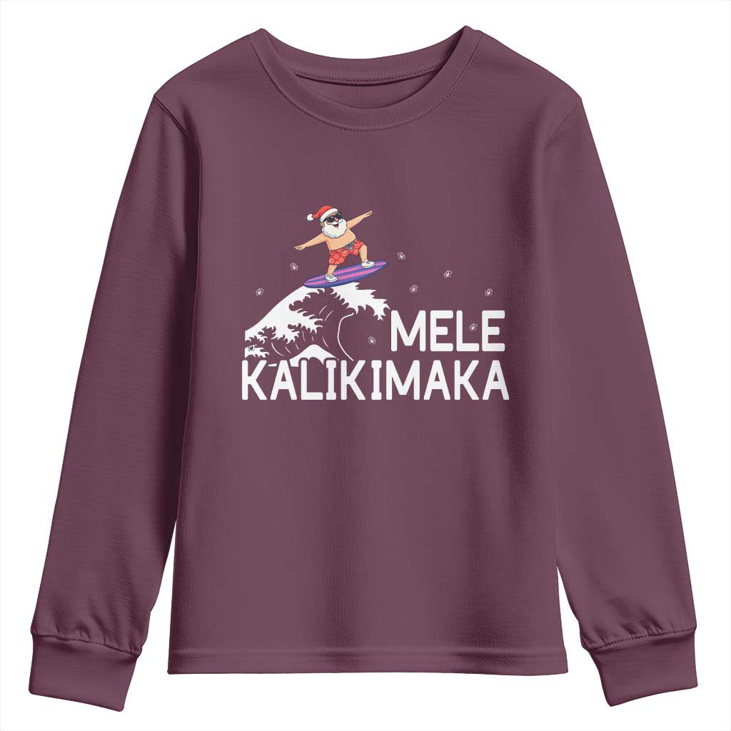 Christmas In July Surfing Santa Youth Sweatshirt Mele Kalikimaka Summer Beach Hawaii TS10 Maroon Print Your Wear