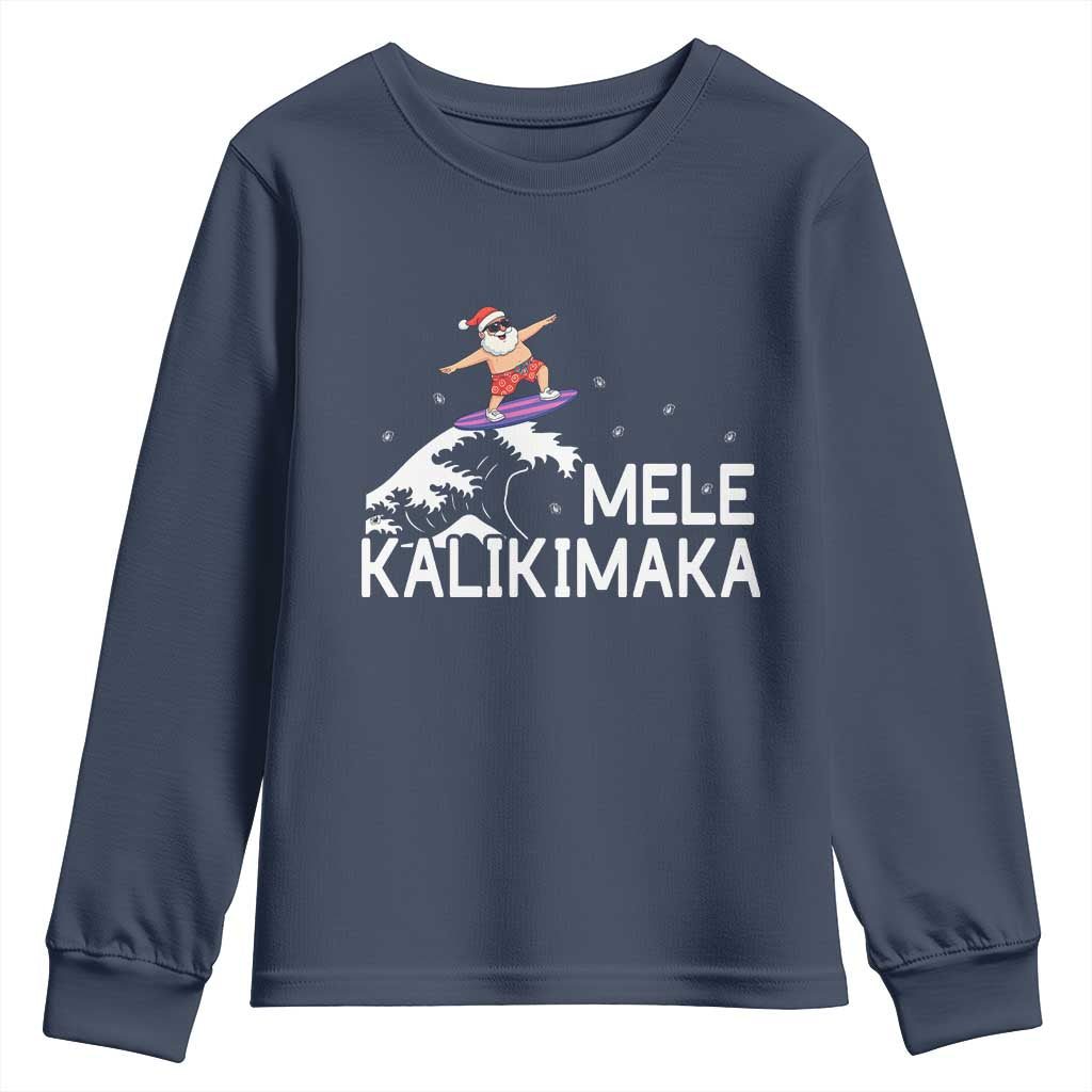 Christmas In July Surfing Santa Youth Sweatshirt Mele Kalikimaka Summer Beach Hawaii TS10 Navy Print Your Wear