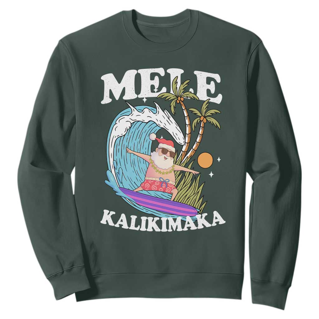 Mele Kalikimaka Hawaii Christmas Surfing Santa Sweatshirt Summer Beach Hawaii Xmas In July TS10 Dark Forest Green Print Your Wear