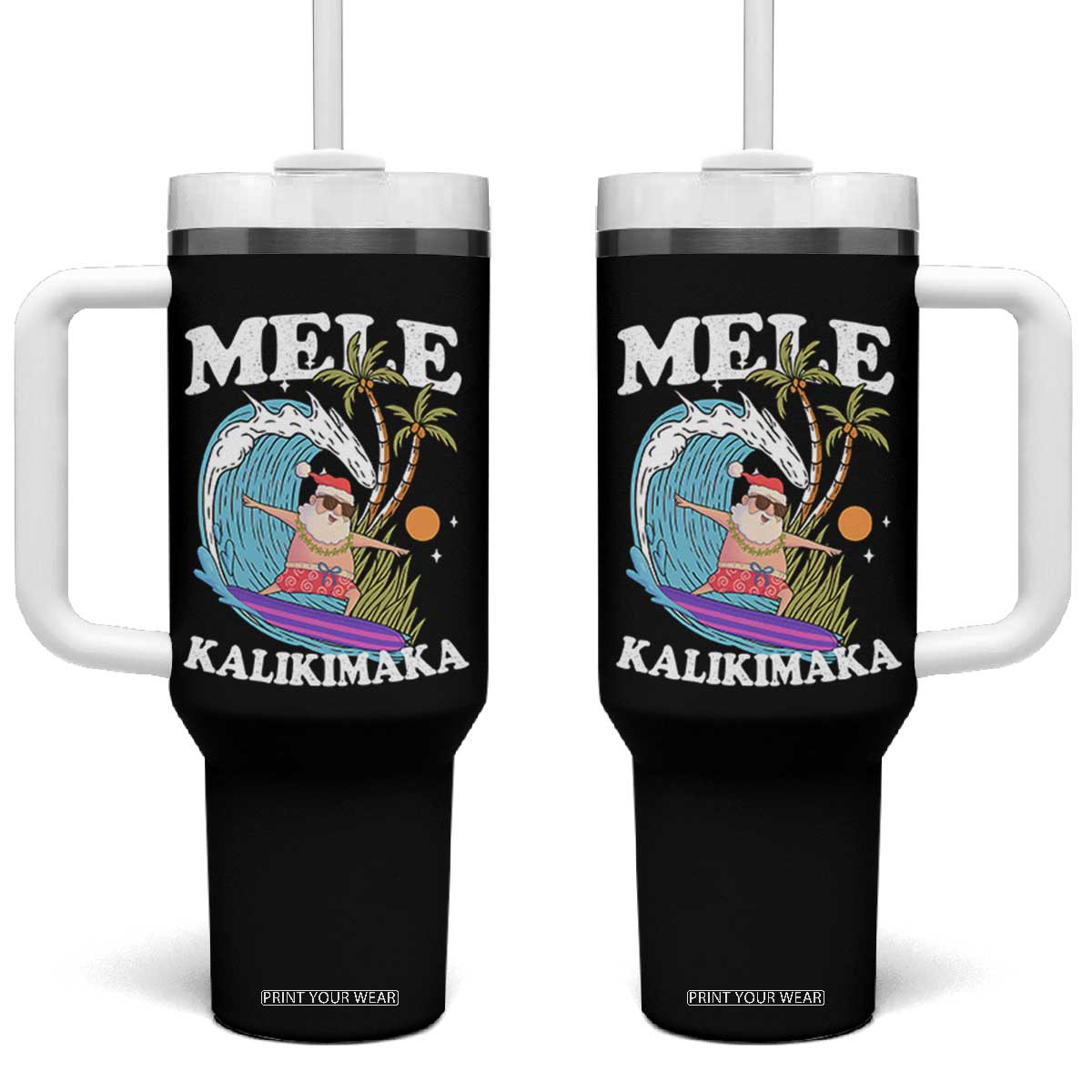 Mele Kalikimaka Hawaii Christmas Surfing Santa Tumbler With Handle Summer Beach Hawaii Xmas In July TS10 One Size: 40 oz Black Print Your Wear