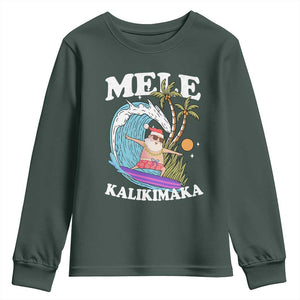 Mele Kalikimaka Hawaii Christmas Surfing Santa Youth Sweatshirt Summer Beach Hawaii Xmas In July TS10 Dark Forest Green Print Your Wear