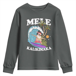 Mele Kalikimaka Hawaii Christmas Surfing Santa Youth Sweatshirt Summer Beach Hawaii Xmas In July TS10 Dark Heather Print Your Wear