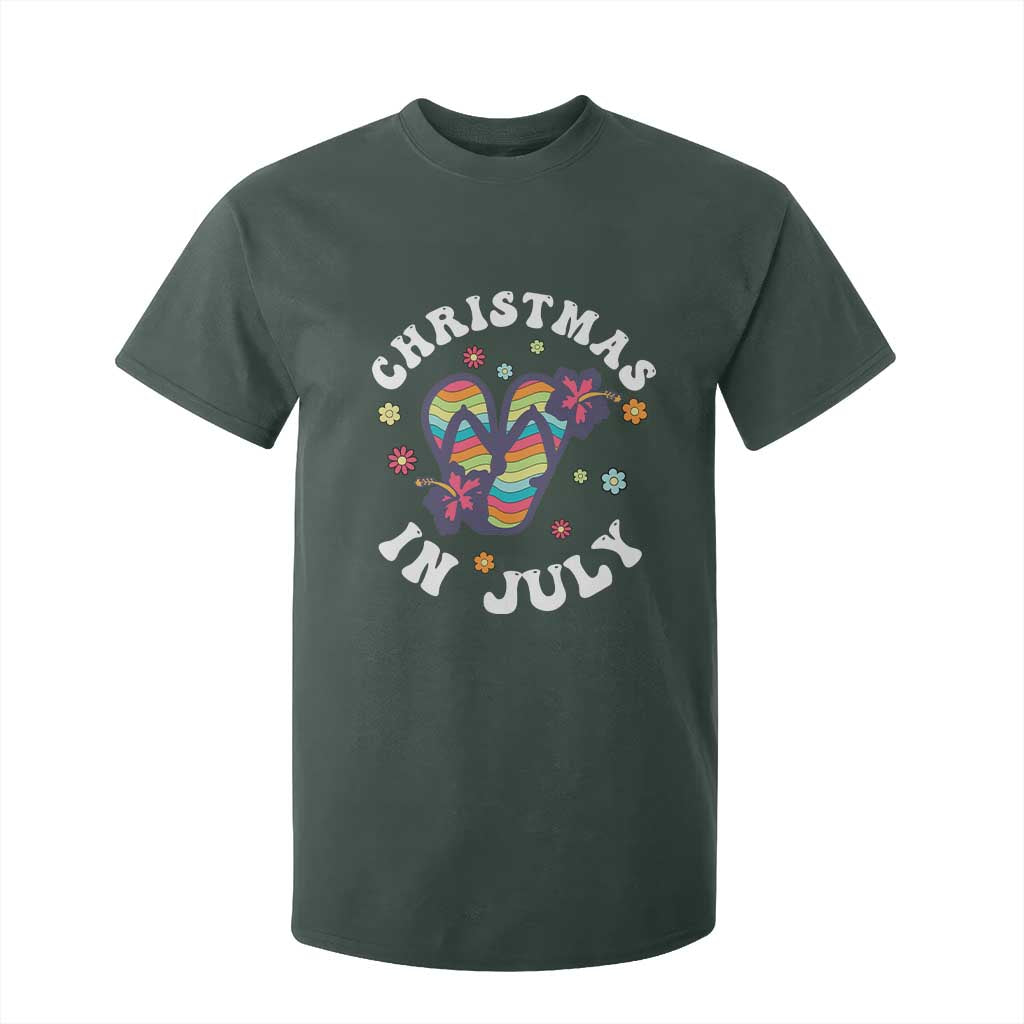Christmas In July Summer Beach T Shirt For Kid Hawaii Flip Flops Hibiscus TS10 Dark Forest Green Print Your Wear