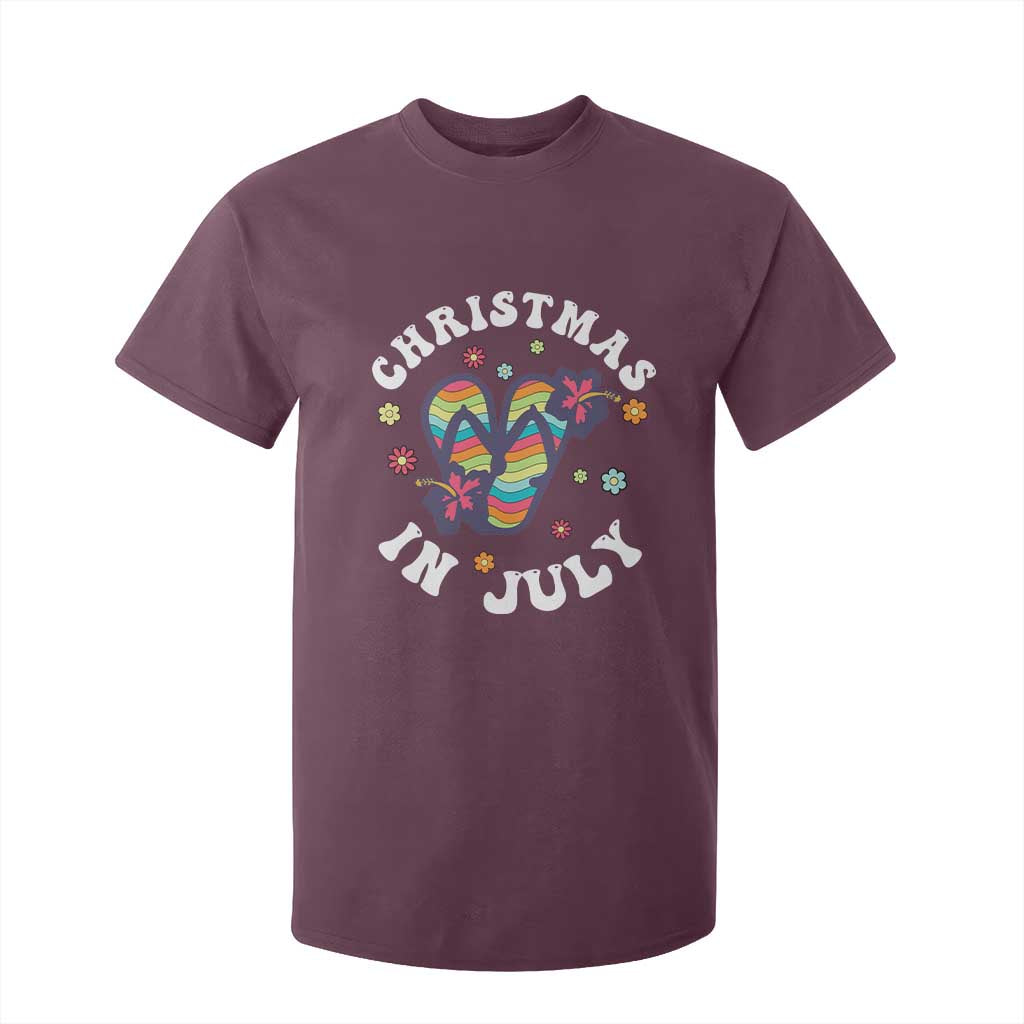 Christmas In July Summer Beach T Shirt For Kid Hawaii Flip Flops Hibiscus TS10 Maroon Print Your Wear