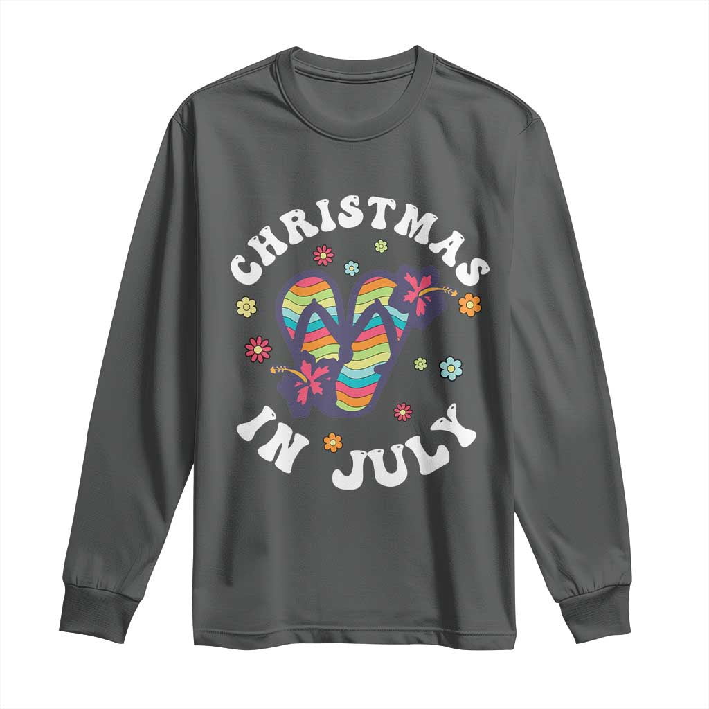 Christmas In July Summer Beach Long Sleeve Shirt Hawaii Flip Flops Hibiscus TS10 Dark Heather Print Your Wear
