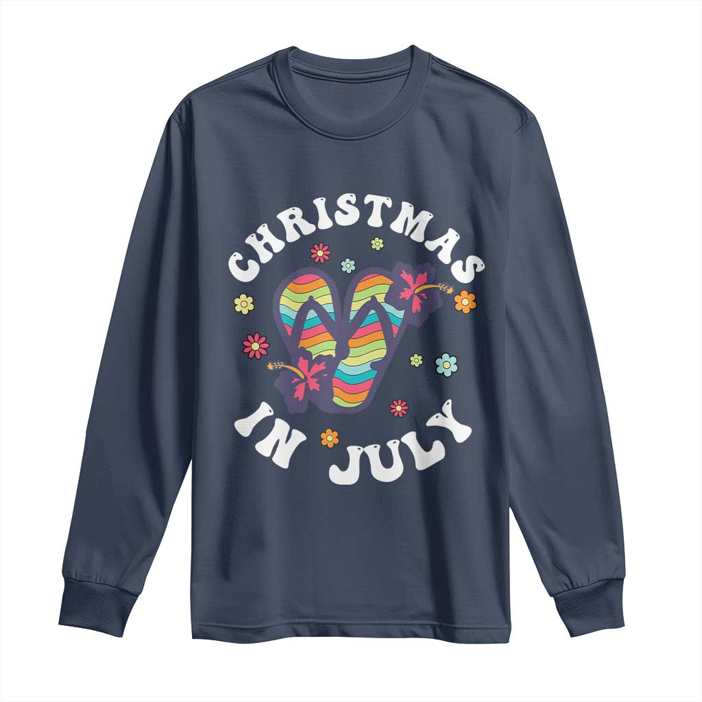 Christmas In July Summer Beach Long Sleeve Shirt Hawaii Flip Flops Hibiscus TS10 Navy Print Your Wear