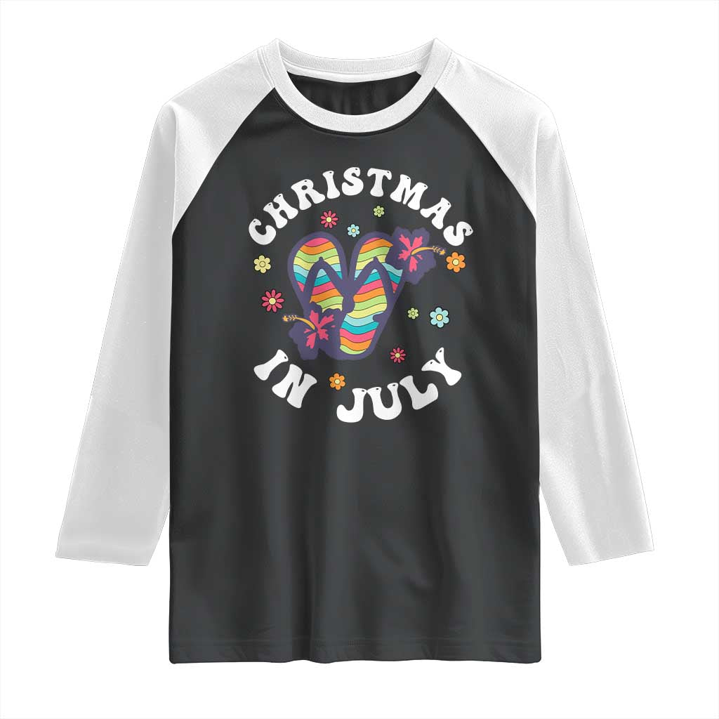 Christmas In July Summer Beach Raglan Shirt Hawaii Flip Flops Hibiscus TS10 Black White Print Your Wear