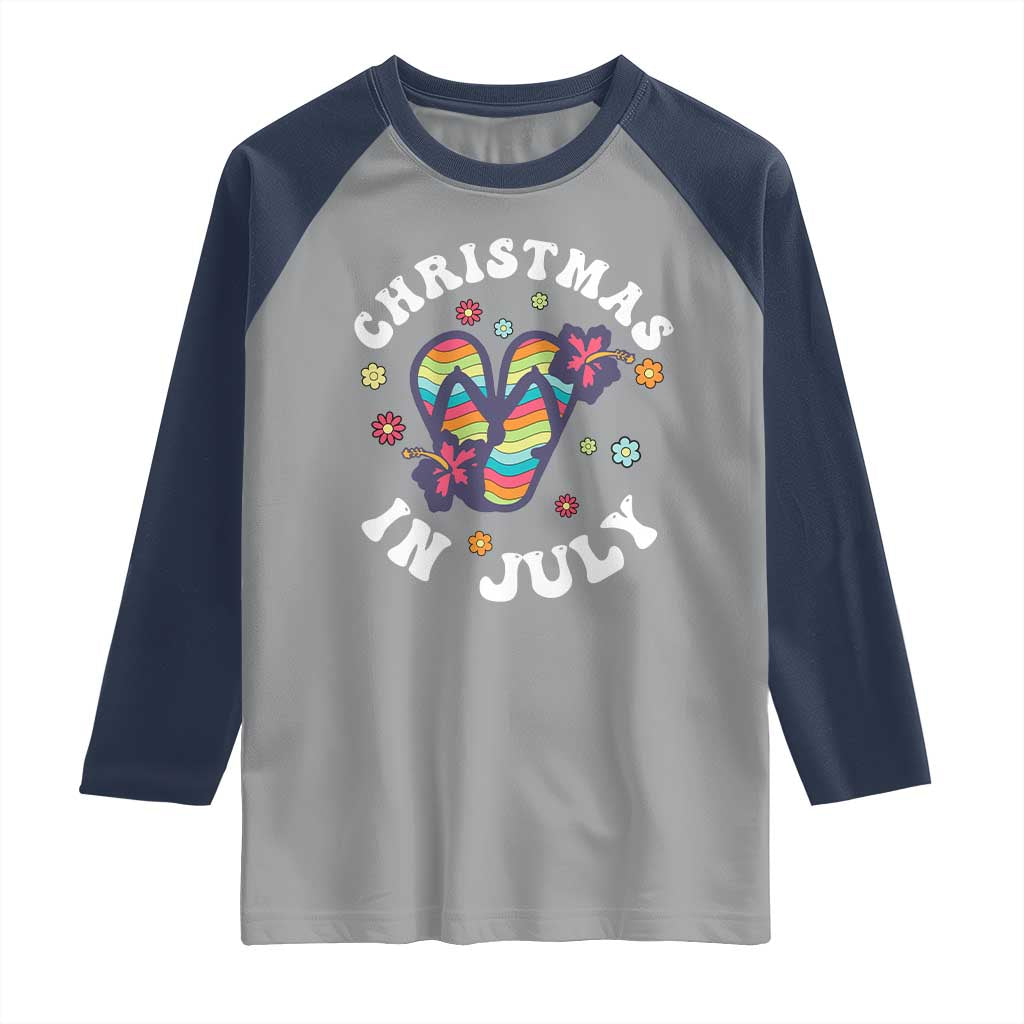 Christmas In July Summer Beach Raglan Shirt Hawaii Flip Flops Hibiscus TS10 Sport Gray Navy Print Your Wear