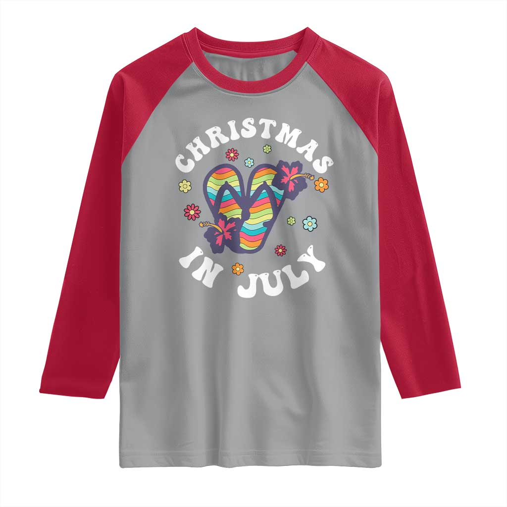 Christmas In July Summer Beach Raglan Shirt Hawaii Flip Flops Hibiscus TS10 Sport Gray Red Print Your Wear