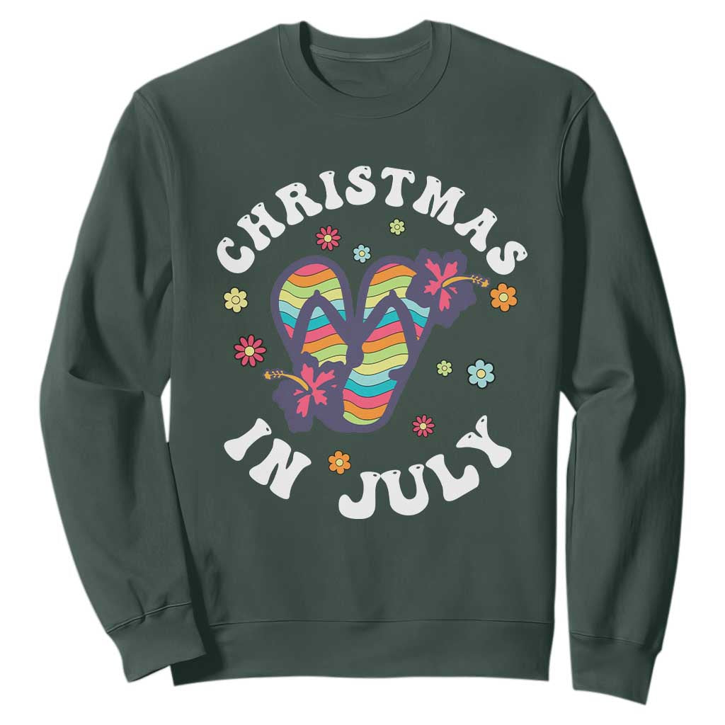 Christmas In July Summer Beach Sweatshirt Hawaii Flip Flops Hibiscus TS10 Dark Forest Green Print Your Wear