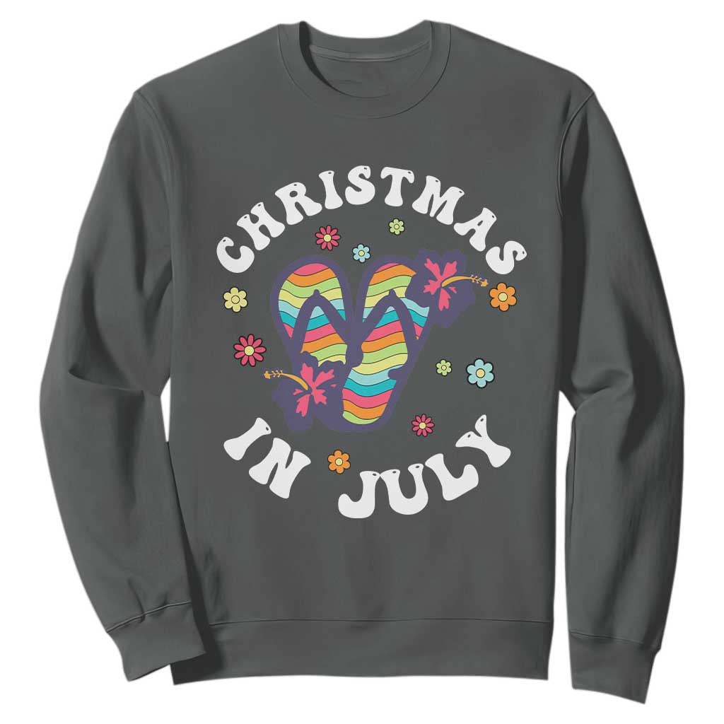 Christmas In July Summer Beach Sweatshirt Hawaii Flip Flops Hibiscus TS10 Dark Heather Print Your Wear